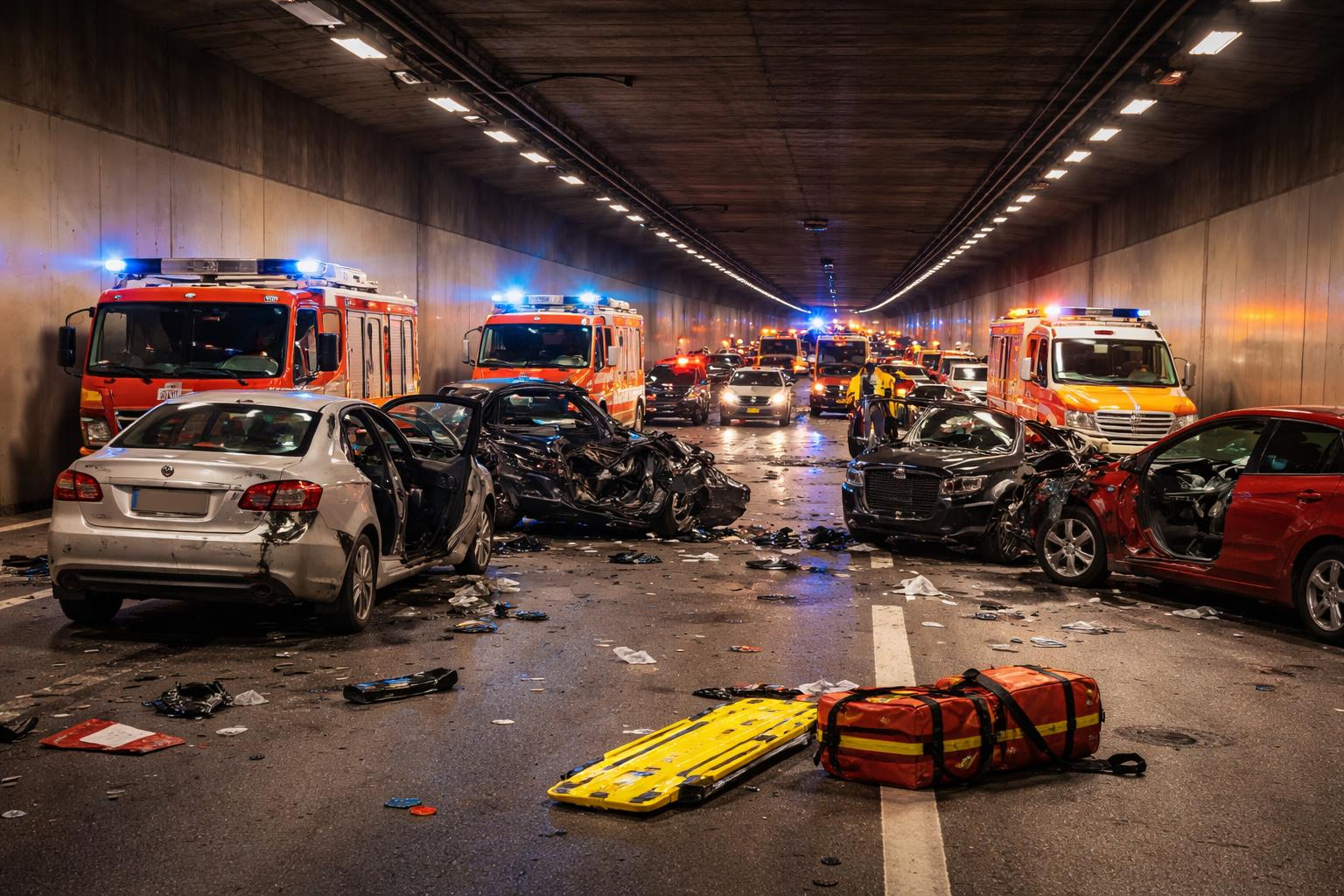 Redaktionelle Szene zum Thema „17 Verletzte und fünf demolierte Autos bei Tunnel-Übung auf der A22“