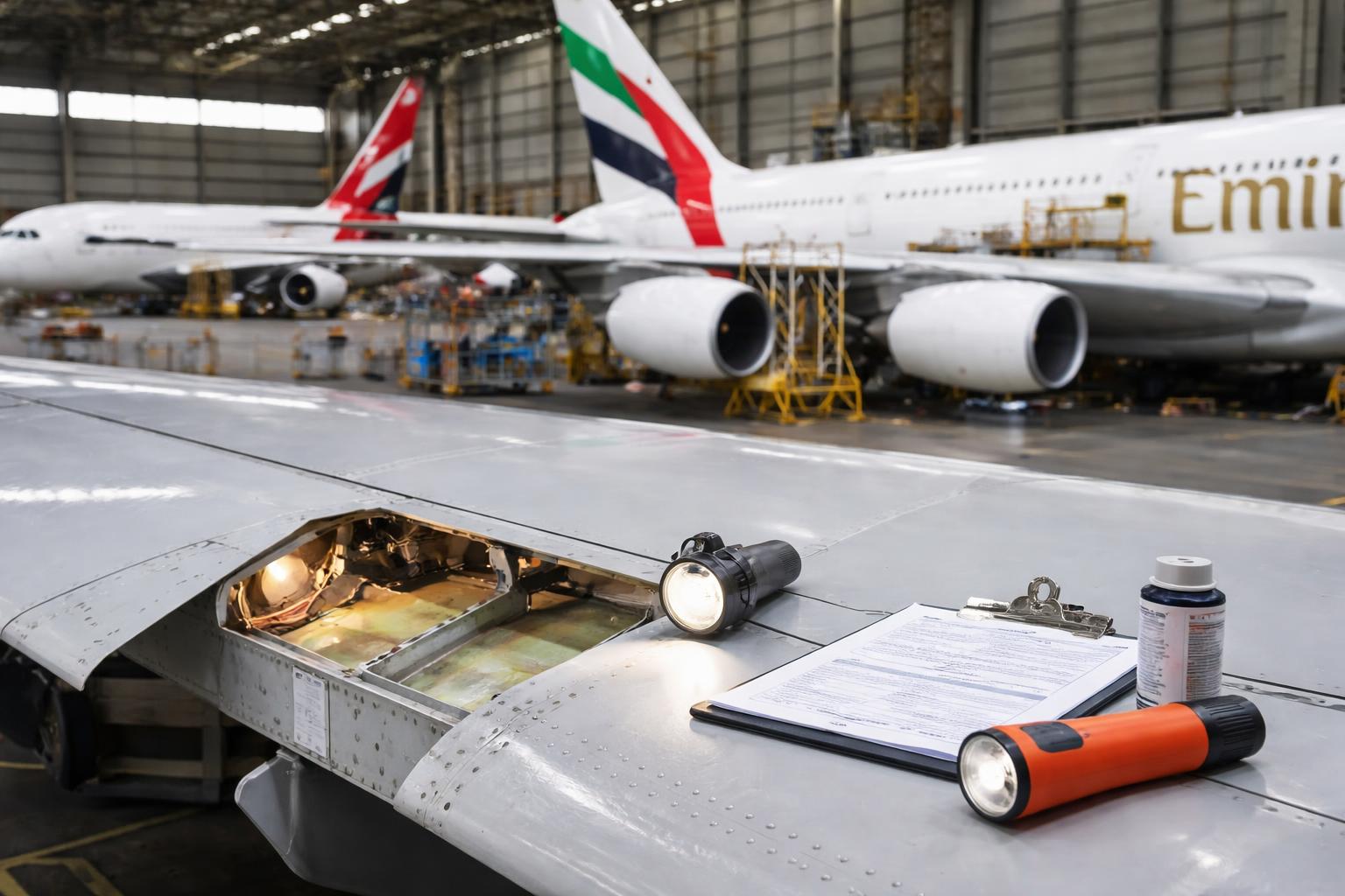 Redaktionelle Szene zum Thema „Airbus prüft 16 A380 nach entdeckten Rissen an den Flügeln“