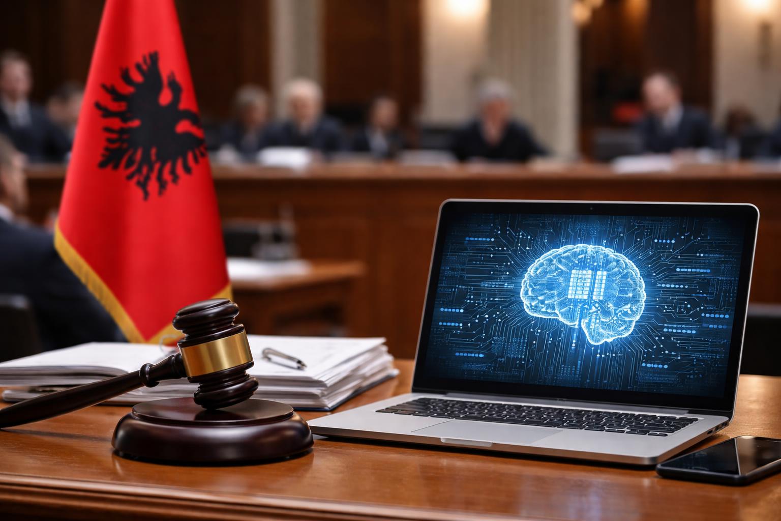 Redaktionelle Szene zum Thema „Albaniens KI-Ministerin Diella gerät vor Gericht unter Druck“