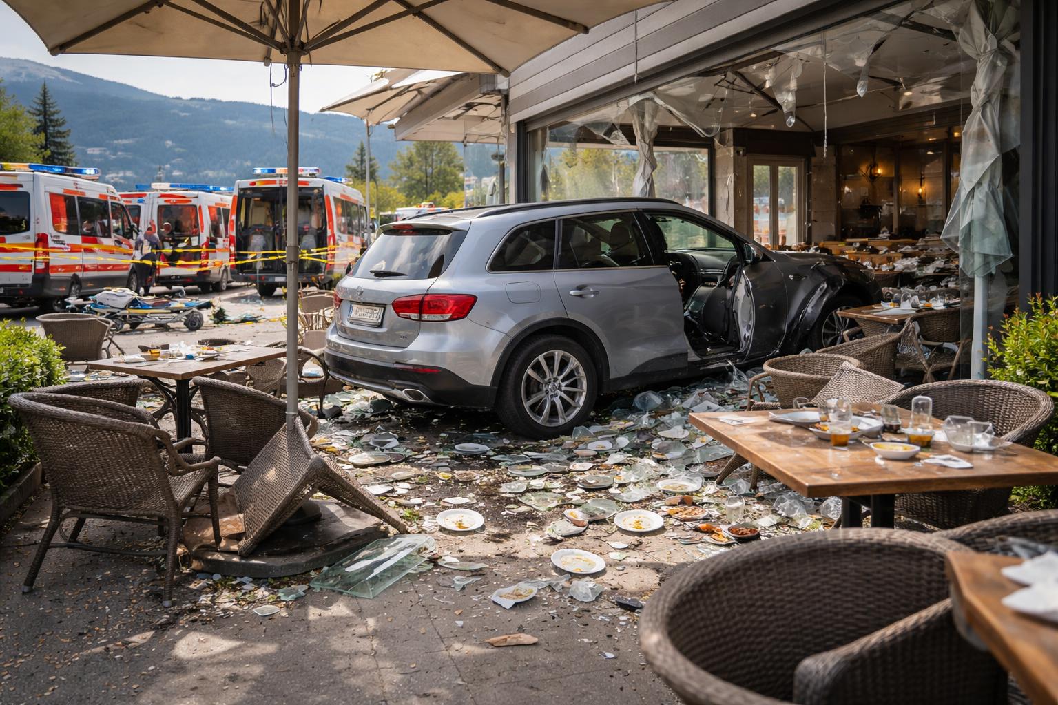 Redaktionelle Szene zum Thema „Auto kracht in Café in Velden am Wörthersee: Elf Verletzte“