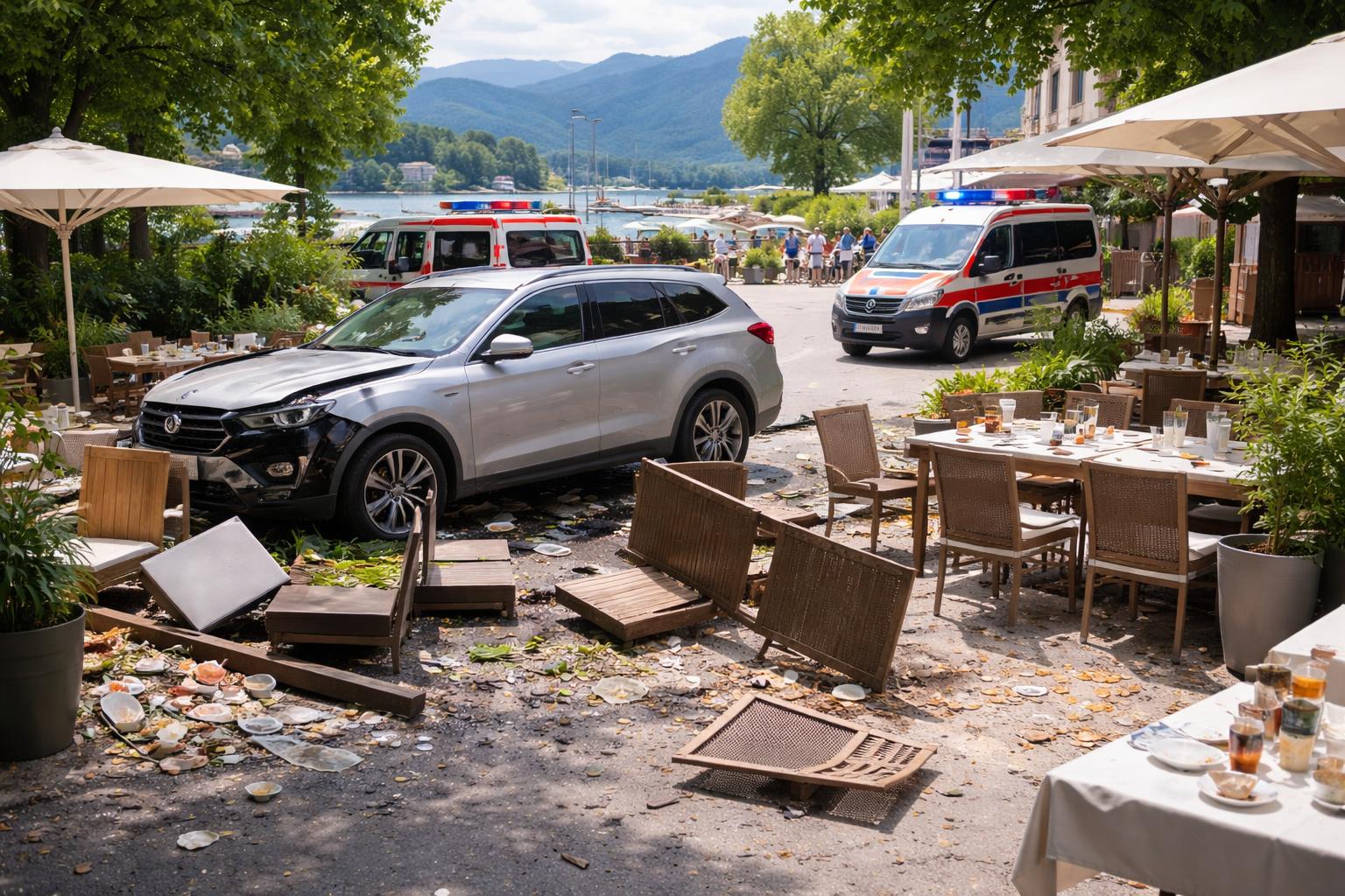 Redaktionelle Szene zum Thema „Auto kracht in Gastgarten in Velden: mindestens sieben Verletzte“