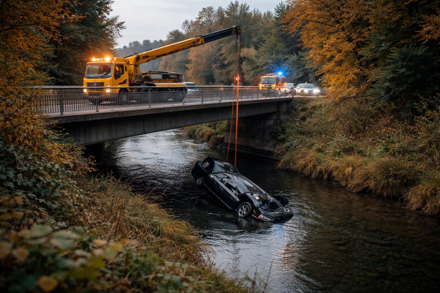 Redaktionelle Szene zum Thema „Auto stürzt in Klagenfurt von Brücke in den Glanfluss“