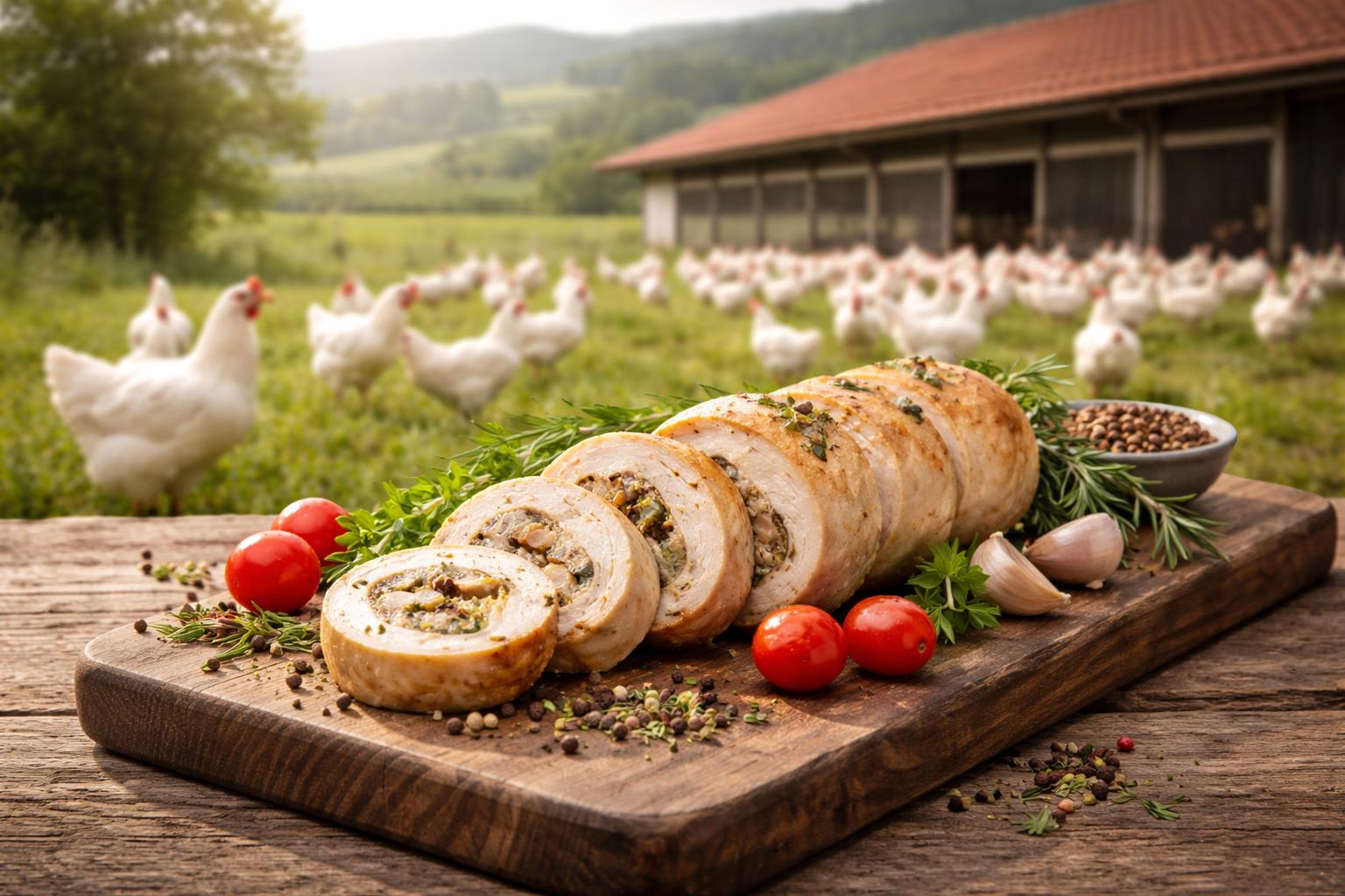 Redaktionelle Szene zum Thema „Ballotine vom Huhn in Kungota: Jurij Daolio setzt auf bessere Aufzucht“