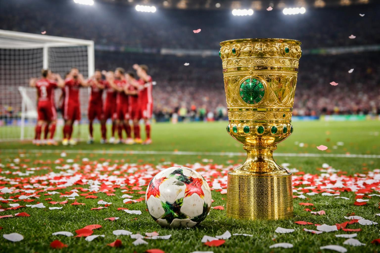 Redaktionelle Szene zum Thema „Bayern holen den Pokal dank Kane-Hattrick gegen Stuttgart“