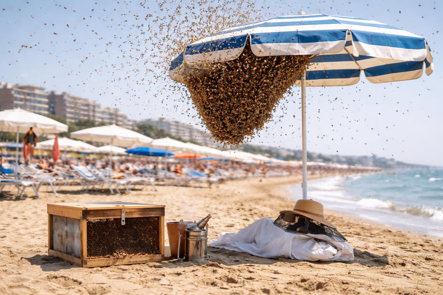 Redaktionelle Szene zum Thema „Bienenschwarm sorgt an Strand bei Rimini für Aufsehen“
