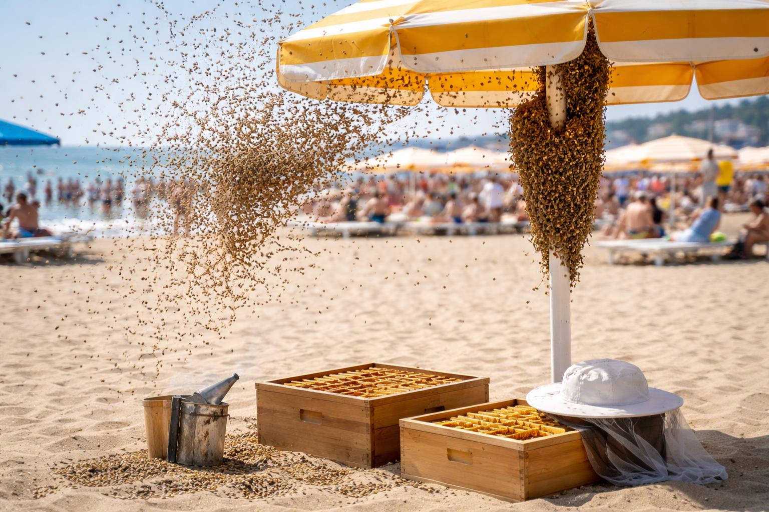 Redaktionelle Szene zum Thema „Bienenschwarm sorgt an Strand von Rimini für Aufsehen“
