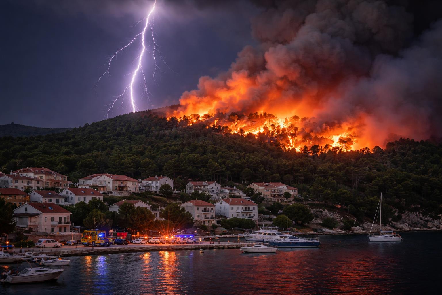 Redaktionelle Szene zum Thema „Blitze lösen Waldbrand auf kroatischer Insel Čiovo aus“
