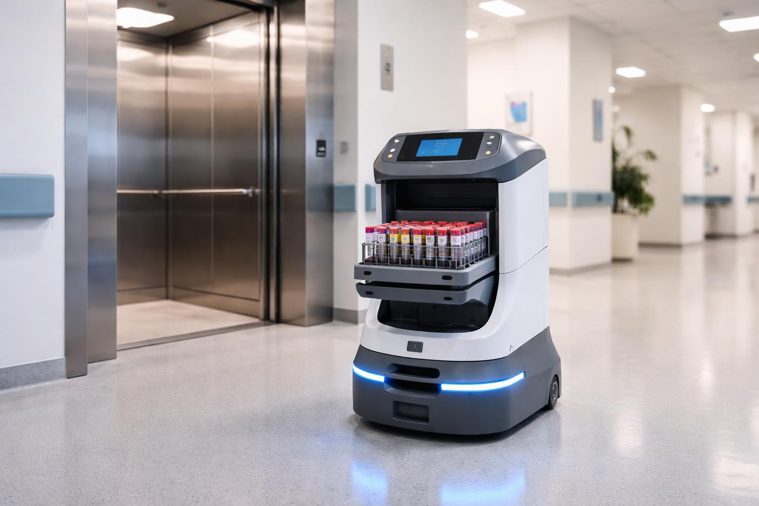 Redaktionelle Szene zum Thema „Blutproben-Roboter entlastet Personal im Hanusch-Krankenhaus“