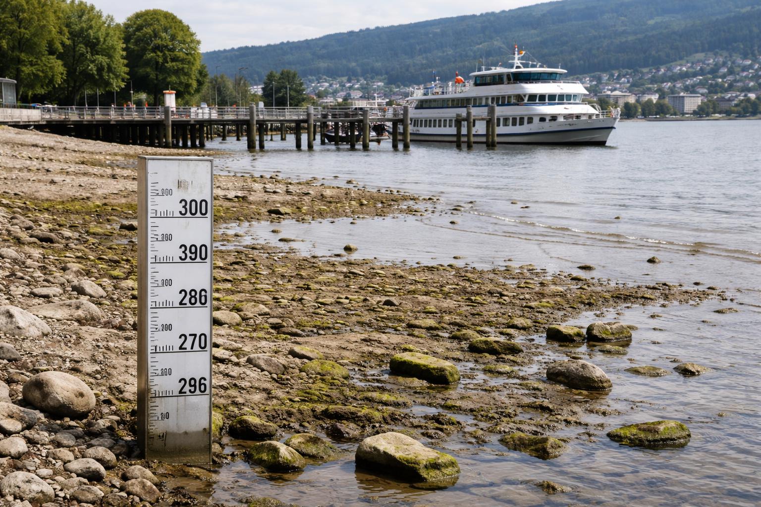 Redaktionelle Szene zum Thema „Bodensee erreicht historischen Niedrigstand“