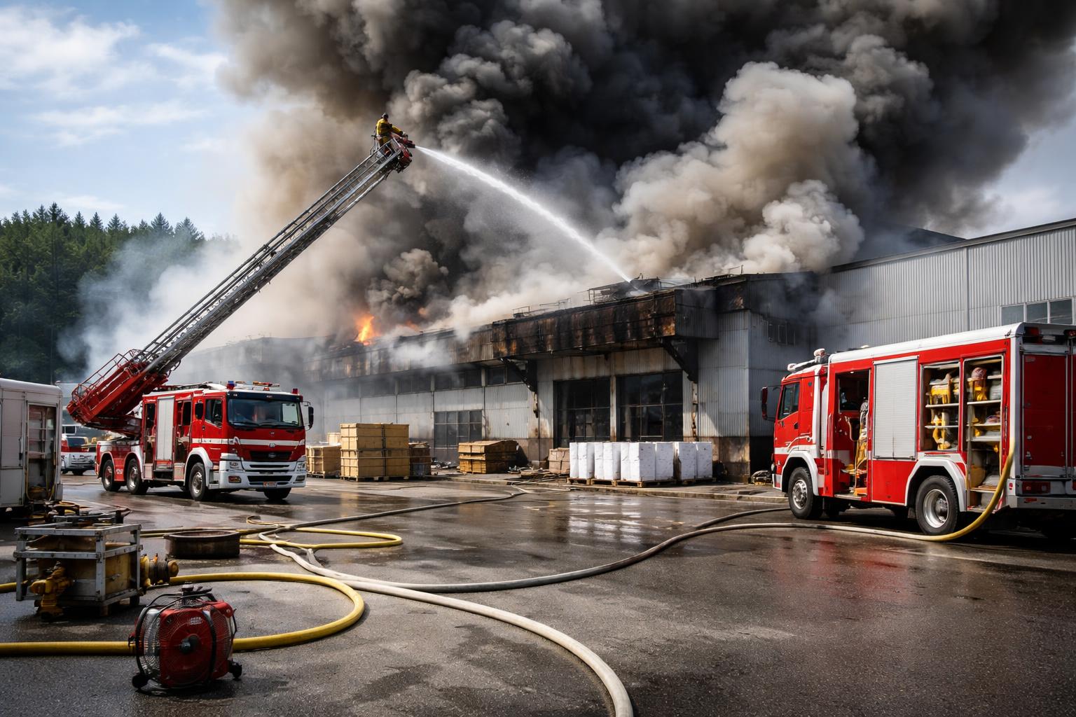 Redaktionelle Szene zum Thema „Brand in Druckerei in Bad Leonfelden: Elf Feuerwehren im Einsatz“