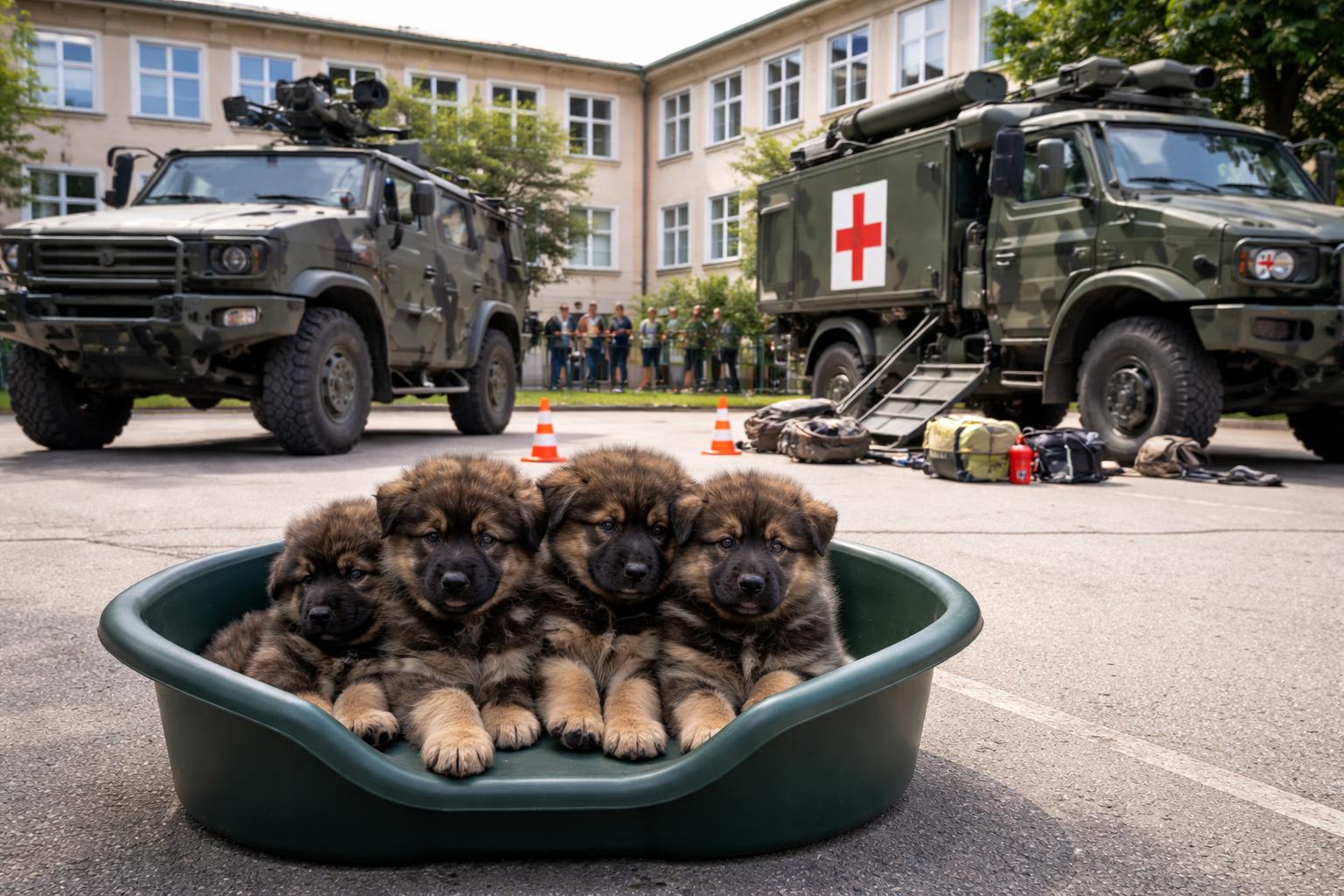 Redaktionelle Szene zum Thema „Bundesheer wirbt in Wiener Volksschule mit Dingo, Sanitätspanzer und Hundebabys“