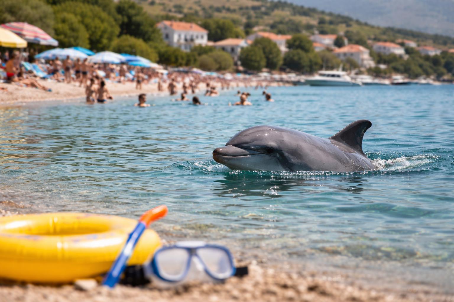 Redaktionelle Szene zum Thema „Delfin begeistert Badegäste in Maslenica – Experten warnen vor Nähe zum Tier“