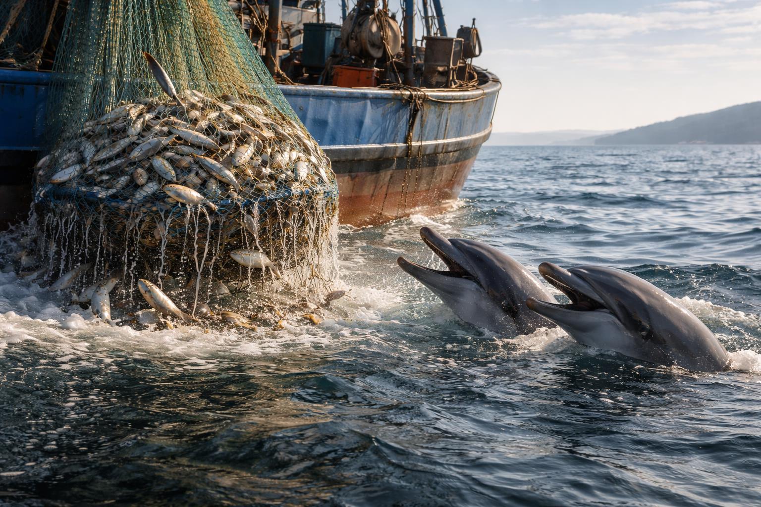 Redaktionelle Szene zum Thema „Delfine in der Adria sind zunehmend auf Beifang von Trawlern angewiesen“