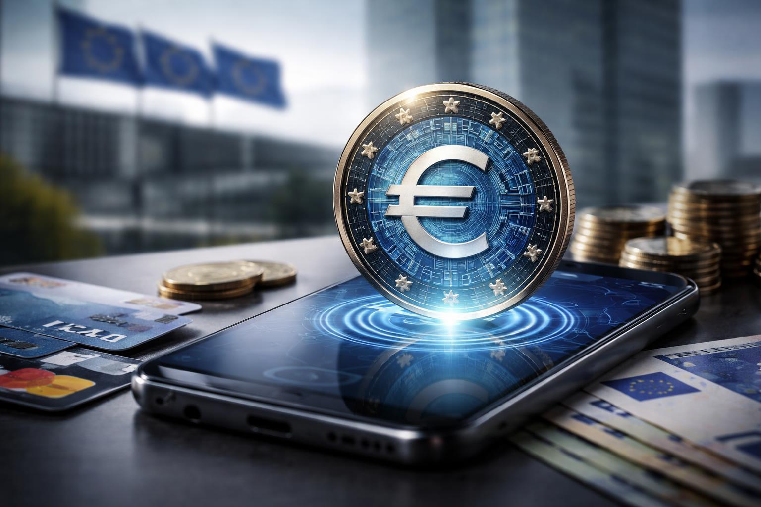 Redaktionelle Szene zum Thema „Digitaler Euro soll Europas Abhängigkeit von US-Zahlungsriesen verringern“