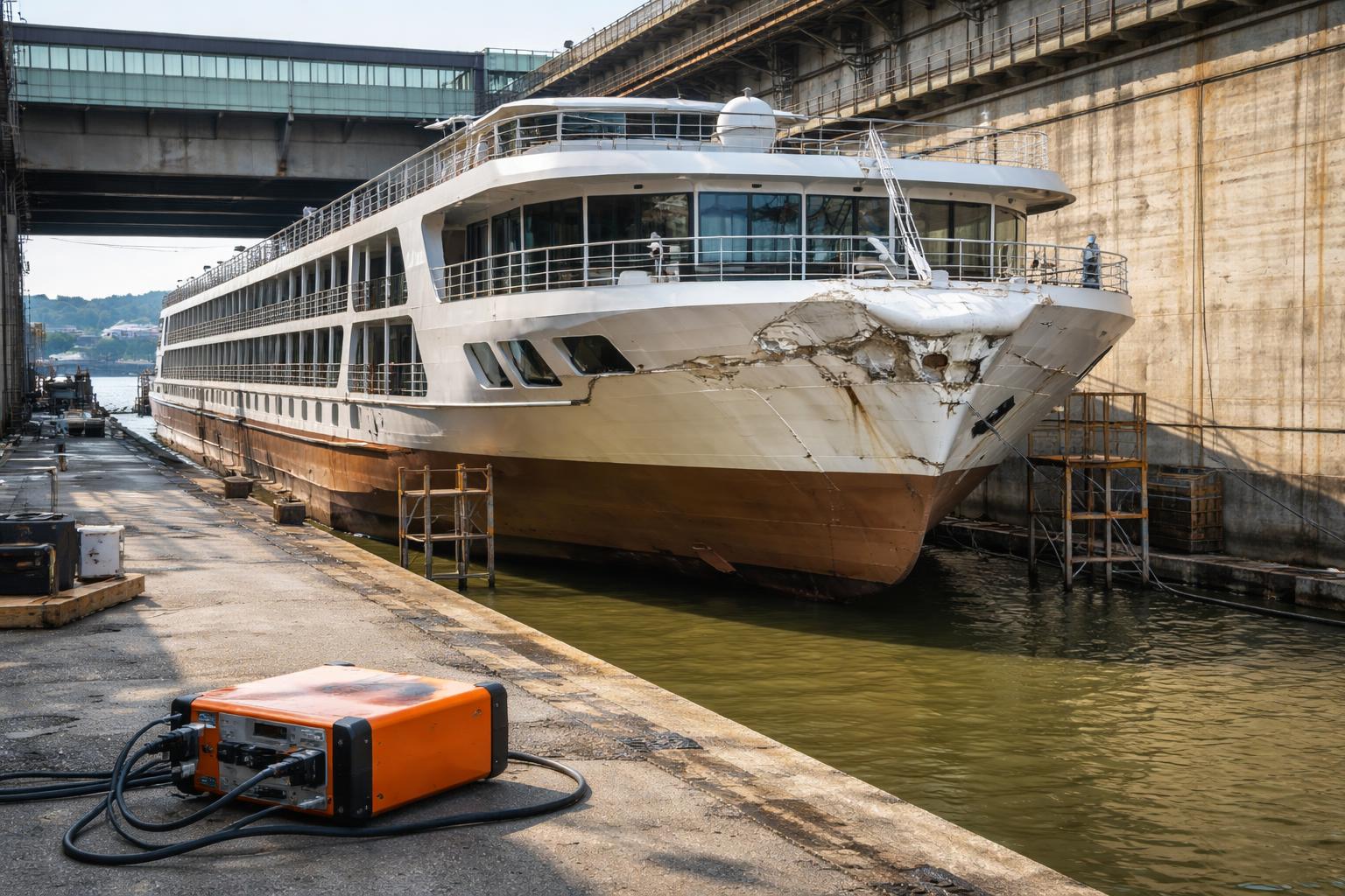 Redaktionelle Szene zum Thema „Donau-Kreuzfahrtschiff nach Unfall in Werft gebracht – Black Box wird ausgewertet“