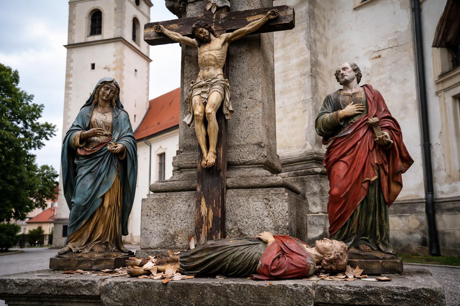 Redaktionelle Szene zum Thema „Drei historische Heiligenfiguren vor Stadtpfarrkirche in Deutschlandsberg beschädigt“