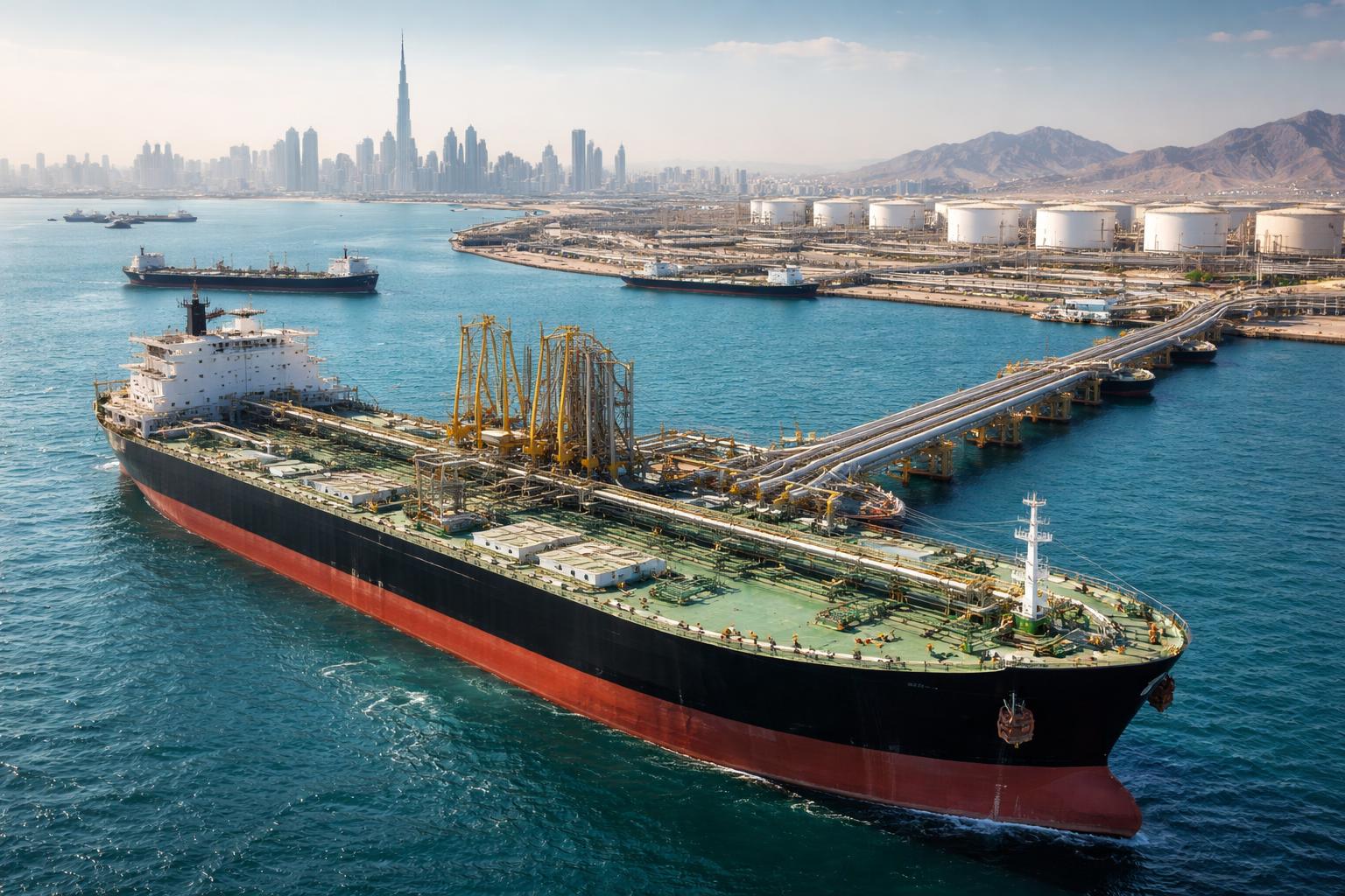 Redaktionelle Szene zum Thema „Dubai reagiert auf Hormus-Risiko mit neuem Hafen und mehr Tankern“