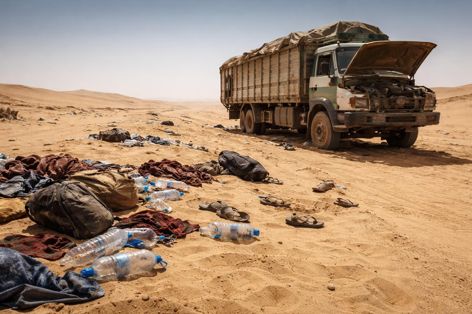 Redaktionelle Szene zum Thema „Dutzende Migranten sterben nach Lkw-Panne in der Sahara“