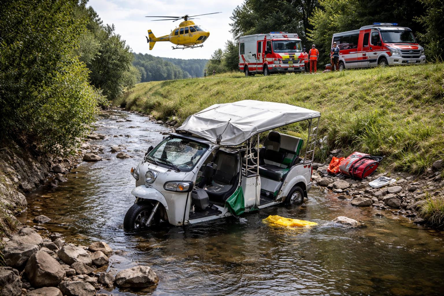 Redaktionelle Szene zum Thema „E-Tuk-Tuk stürzt in Bach: Zwei Schwerverletzte bei Weppersdorf“