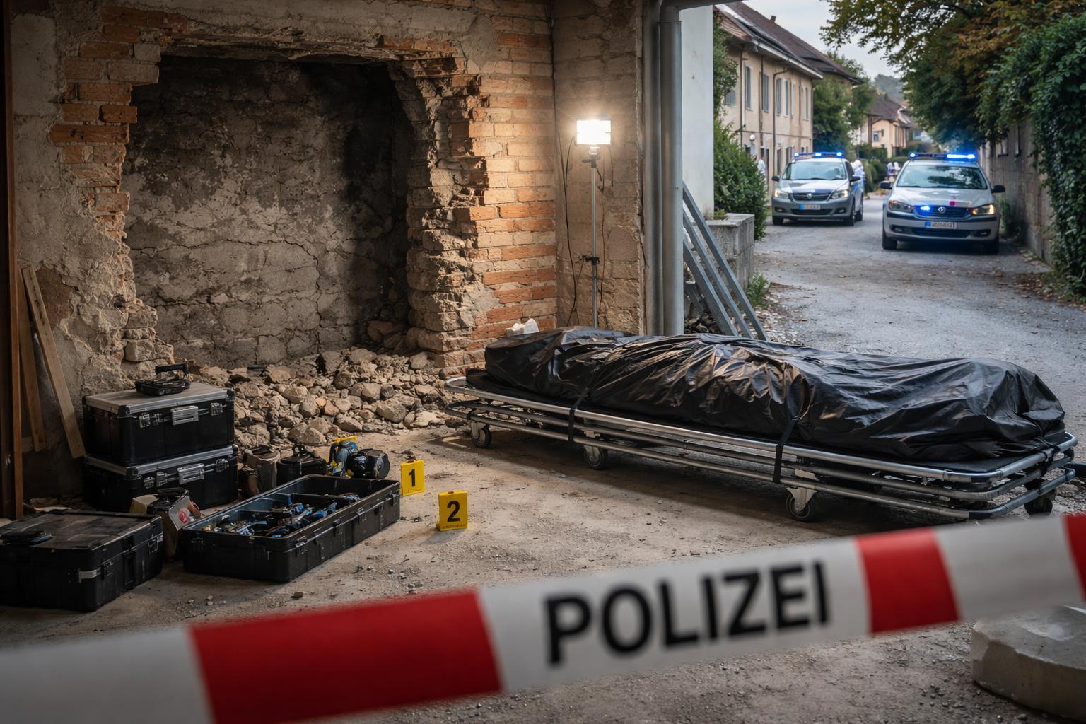 Redaktionelle Szene zum Thema „Ermittlungen nach Fund einer eingemauerten Leiche in Mödling“