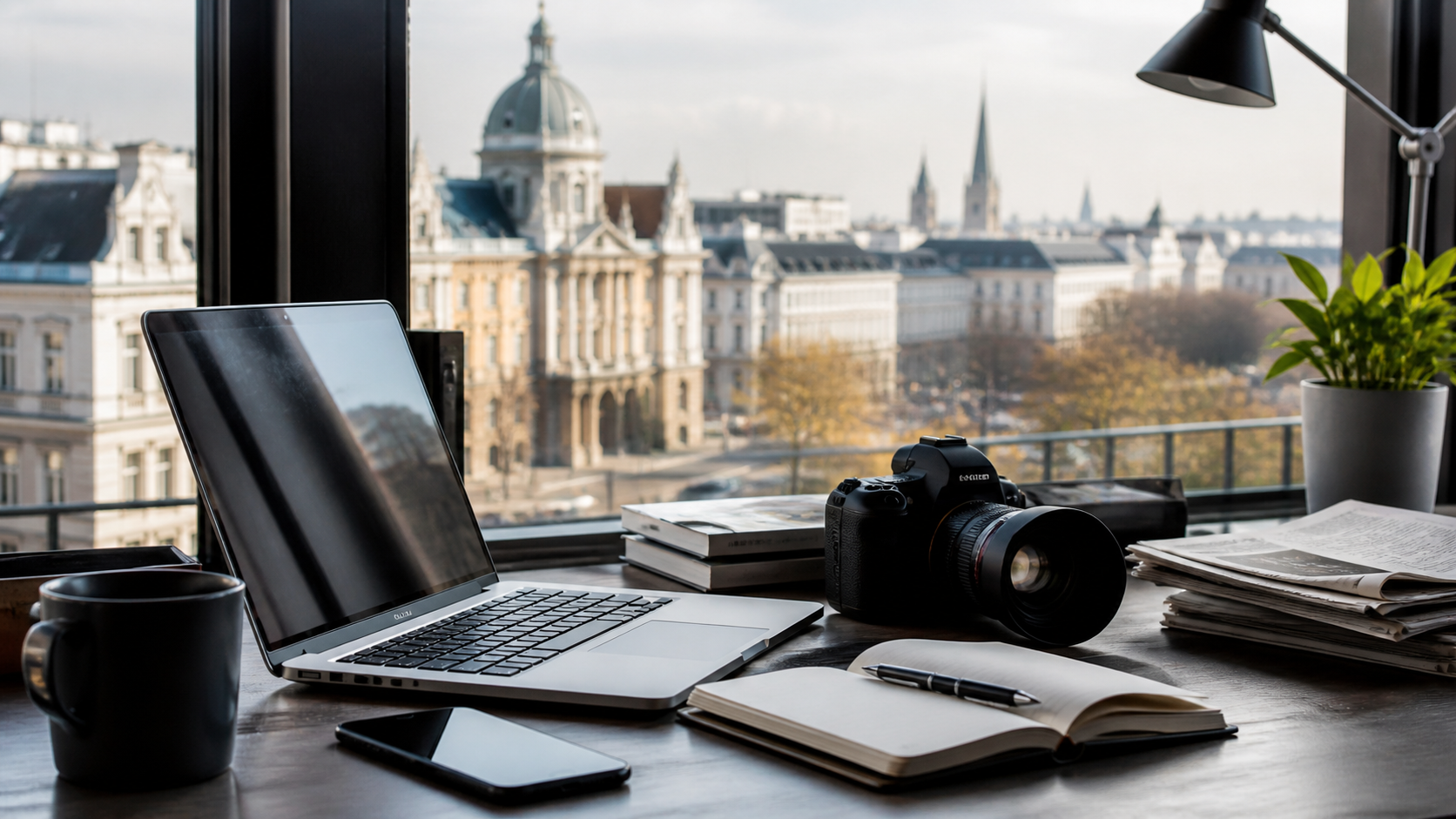 Moderner Arbeitsplatz einer Onlinezeitung mit Laptop, Kamera und Blick auf Wien