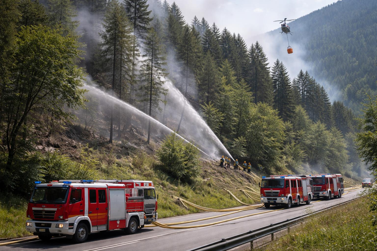 Redaktionelle Szene zum Thema „Fast 200 Feuerwehrleute bekämpfen Waldbrände in der Steiermark“
