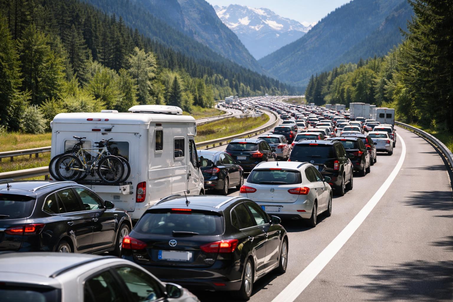 Redaktionelle Szene zum Thema „Ferienverkehr sorgt für lange Staus Richtung Süden“