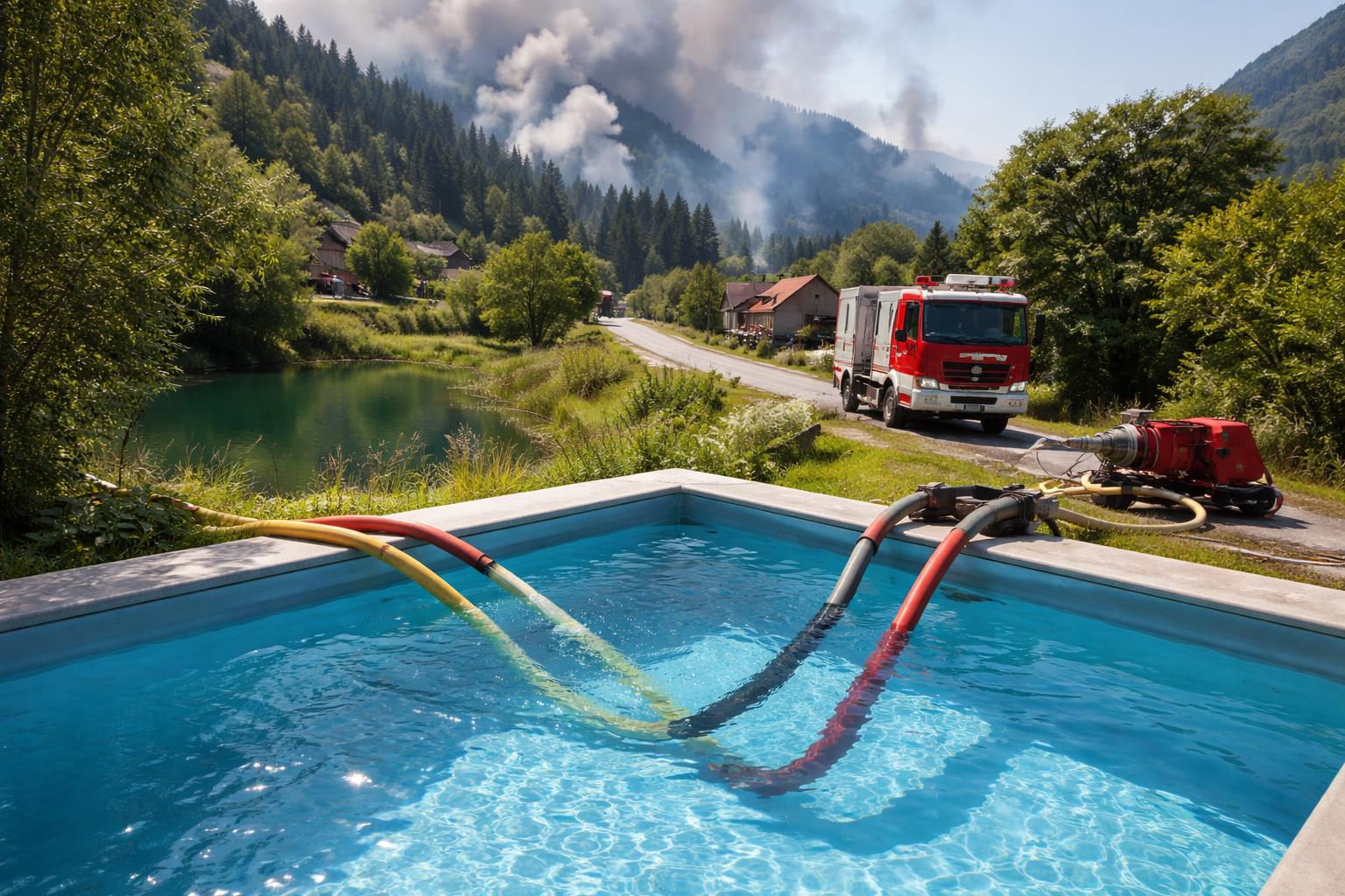 Redaktionelle Szene zum Thema „Feuerwehr in Oberösterreich greift bei Waldbränden auf Pools zurück“