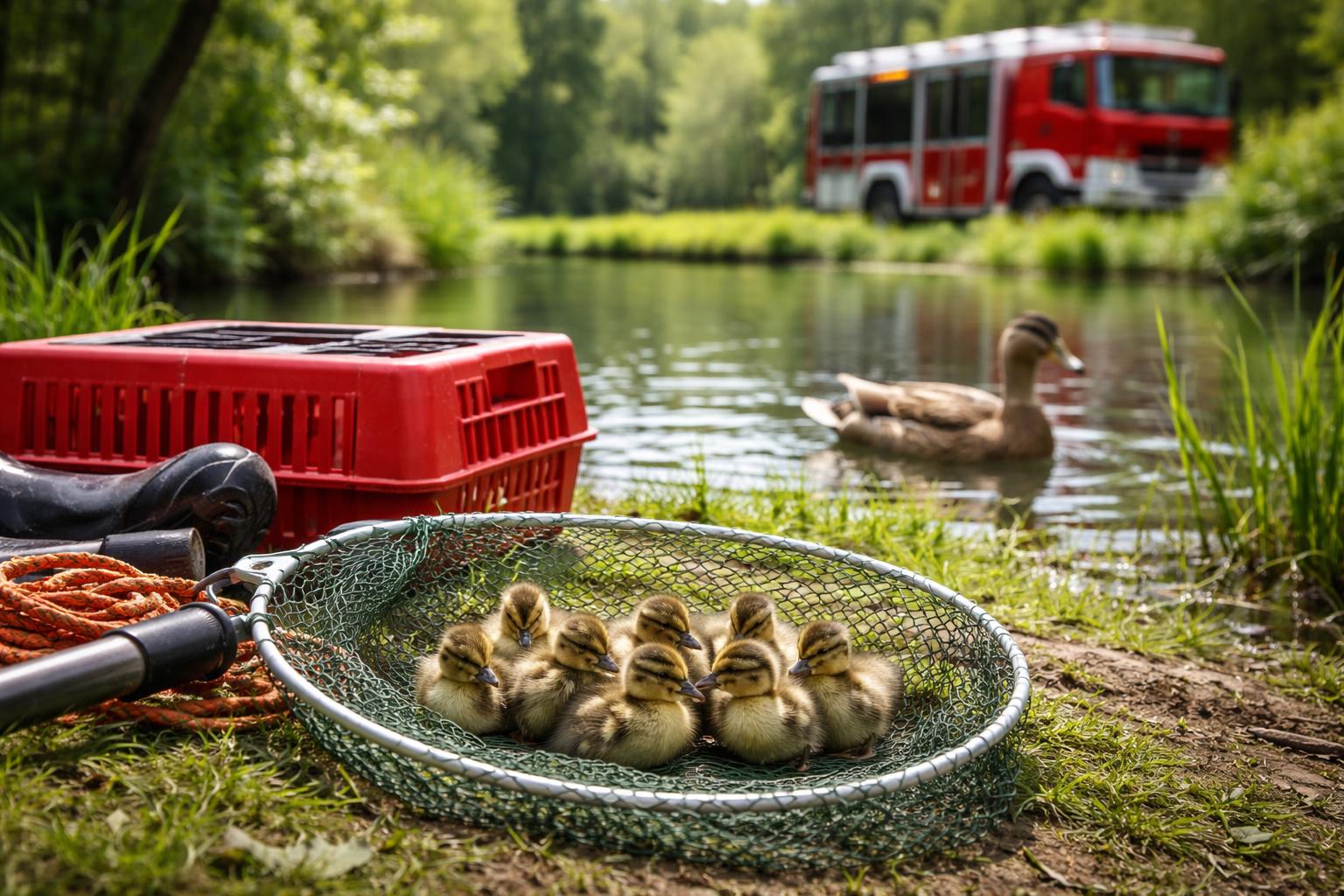 Redaktionelle Szene zum Thema „Feuerwehr sammelt Entenküken am Bauernsee ein“