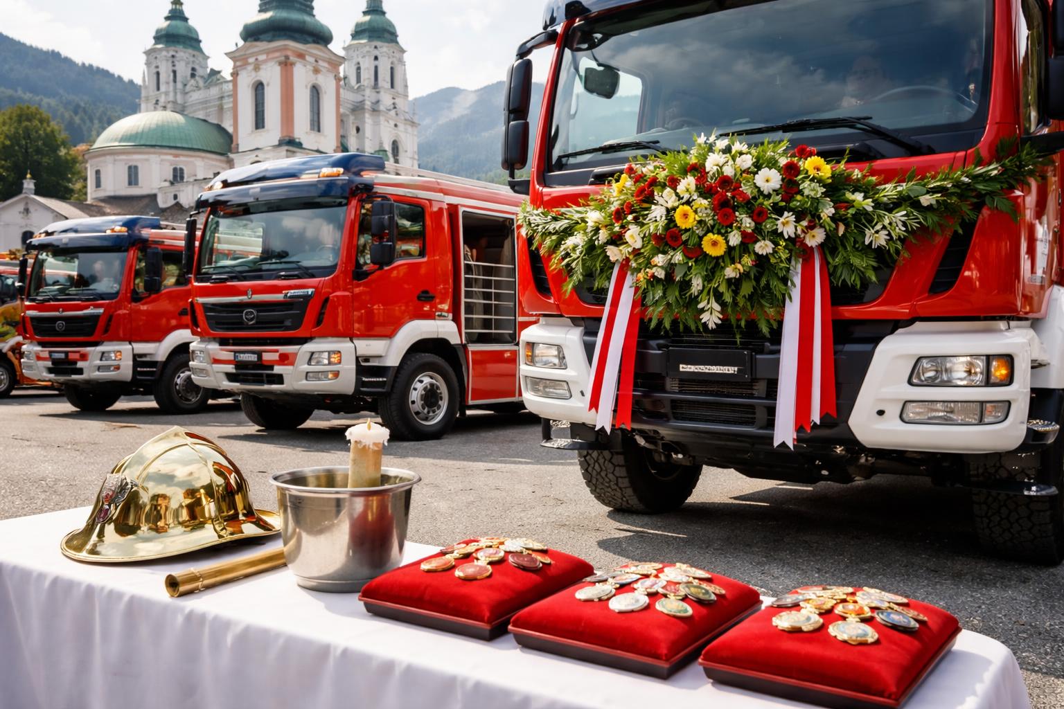 Redaktionelle Szene zum Thema „Feuerwehrfest in Mariazell mit Fahrzeugsegnung und Ehrungen gefeiert“