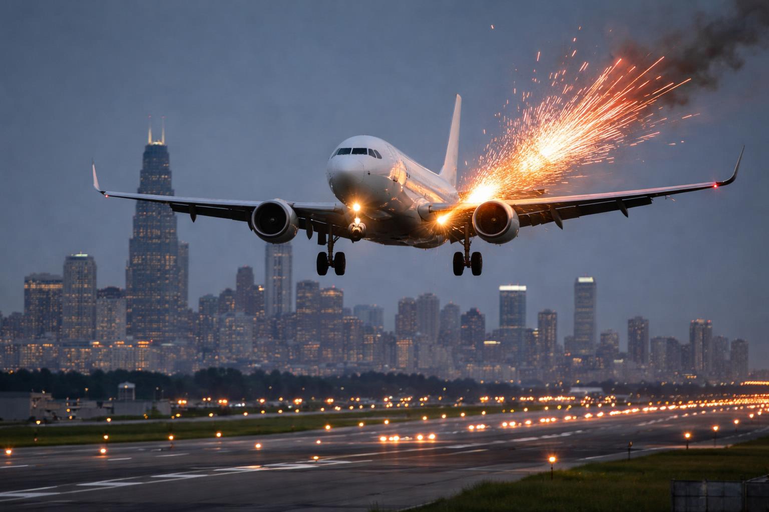 Redaktionelle Szene zum Thema „Feuerwerkskörper trifft Passagierflugzeug bei Landeanflug auf Chicago“