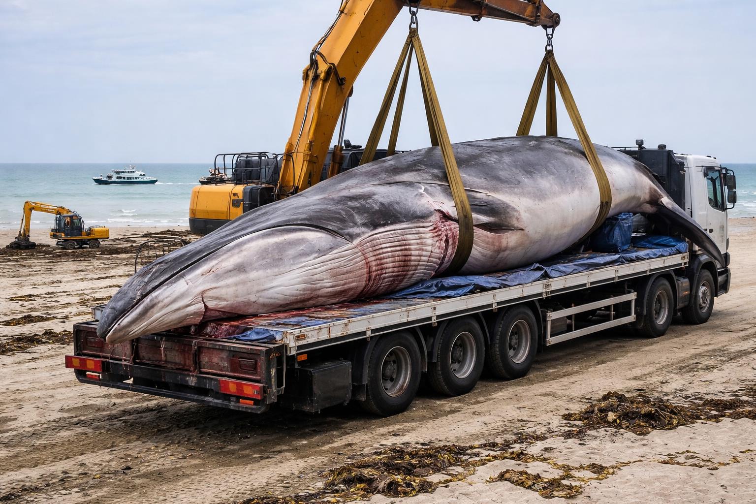 Redaktionelle Szene zum Thema „Finnwal vor französischer Atlantikküste verendet und rasch abtransportiert“