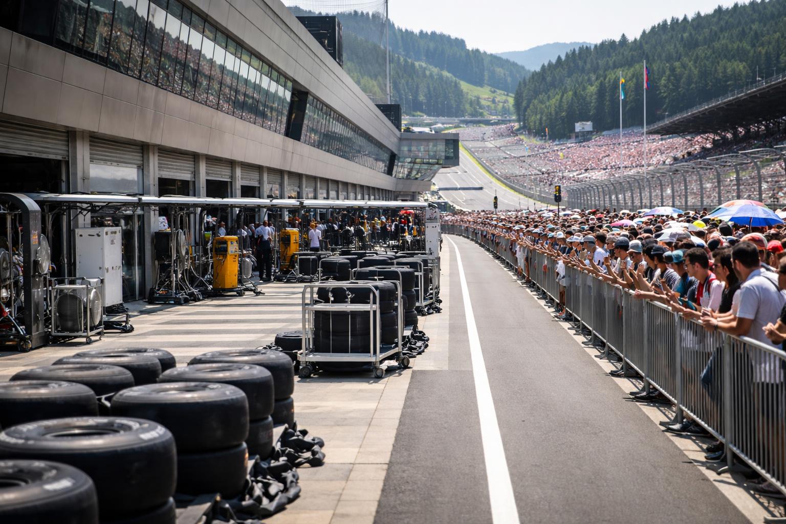 Redaktionelle Szene zum Thema „Formel-1-Fans sichern sich trotz Hitze die besten Plätze beim Pit-Lane-Walk in Spielberg“