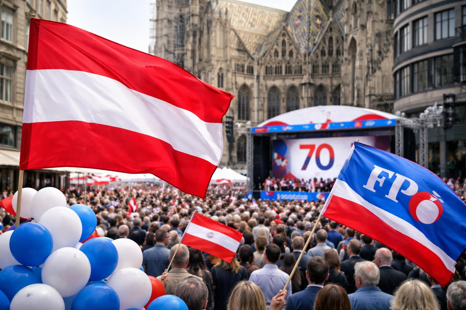 Redaktionelle Szene zum Thema „FPÖ feiert 70 Jahre mit Volksfest am Stephansplatz und zeigt wenig Abstand zur eigenen Vergangenheit“