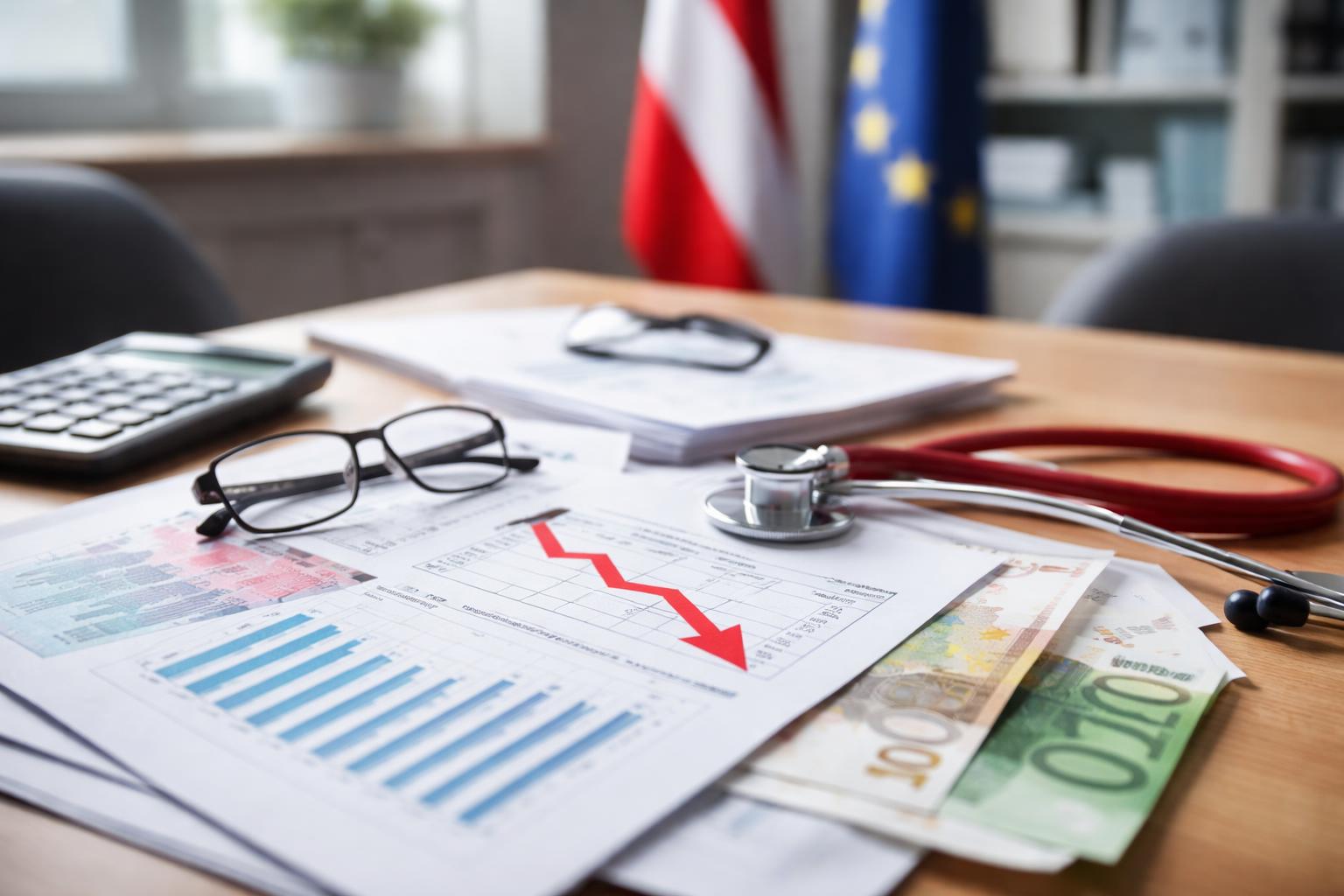 Redaktionelle Szene zum Thema „Fragwürdige Budgetprognosen der Österreichischen Gesundheitskasse belasten die Debatte um das Defizit“