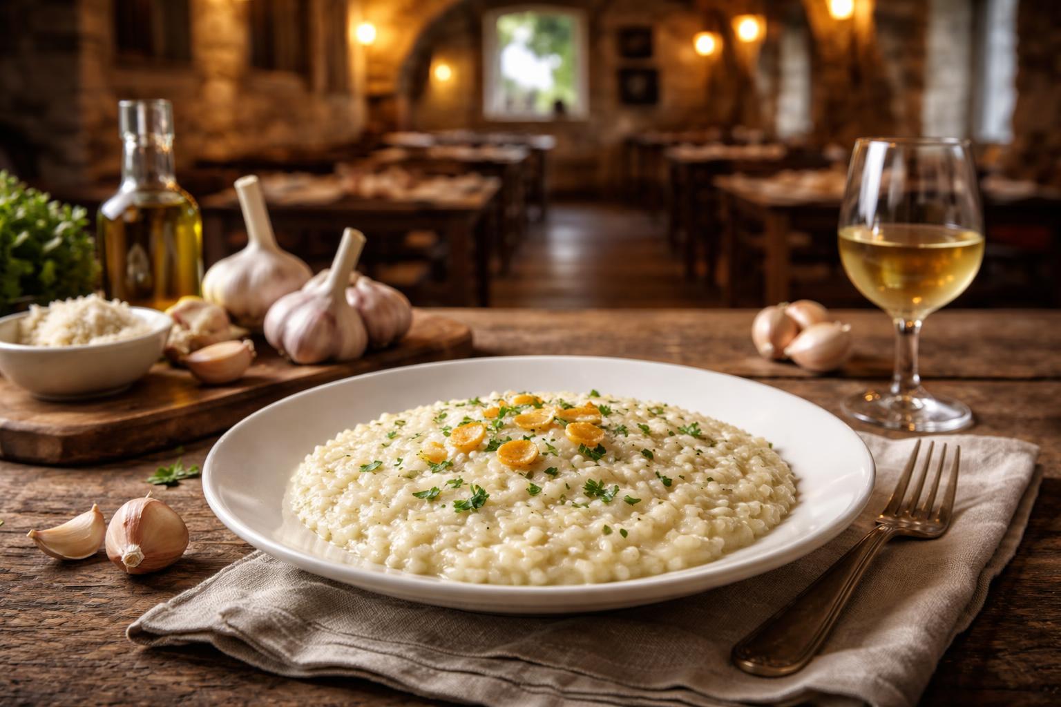 Redaktionelle Szene zum Thema „Friulanische Küche im Friaul: Die Osteria dai Gimui in Gemona setzt auf Knoblauchrisotto“