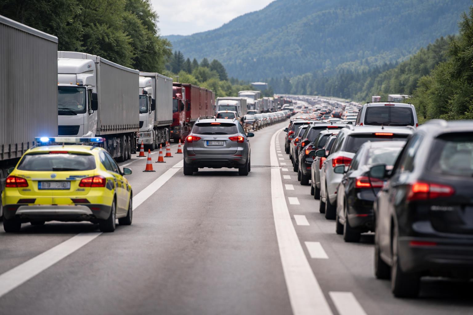 Redaktionelle Szene zum Thema „Geisterfahrer wenden im Stau auf der A8 und fahren durch Rettungsgasse zurück“