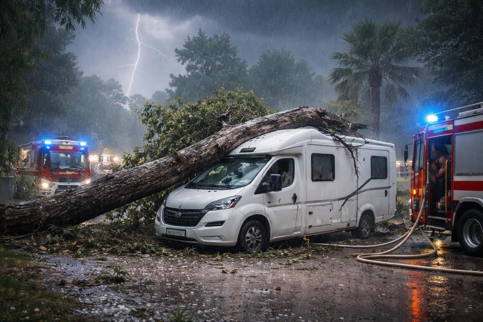 Redaktionelle Szene zum Thema „Gewitter an der Adria: Baum stürzt auf Wohnmobil, Urlauber eingeschlossen“