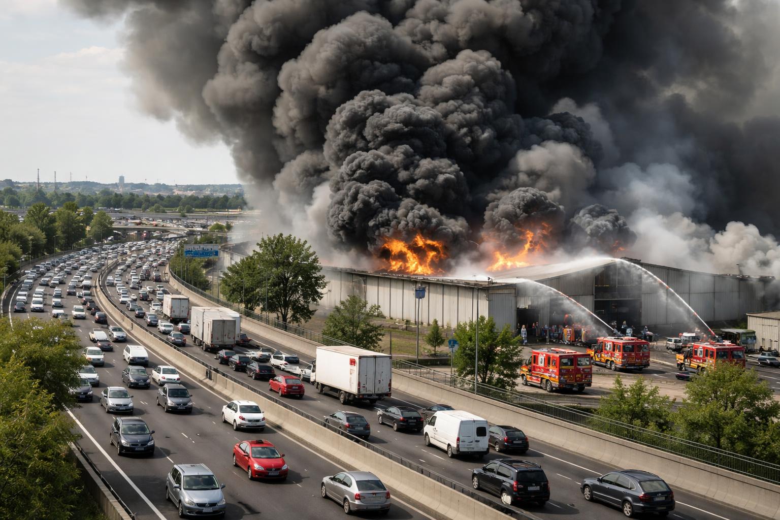 Redaktionelle Szene zum Thema „Großbrand in Lagerhalle legte Wiener Südosttangente zeitweise lahm“