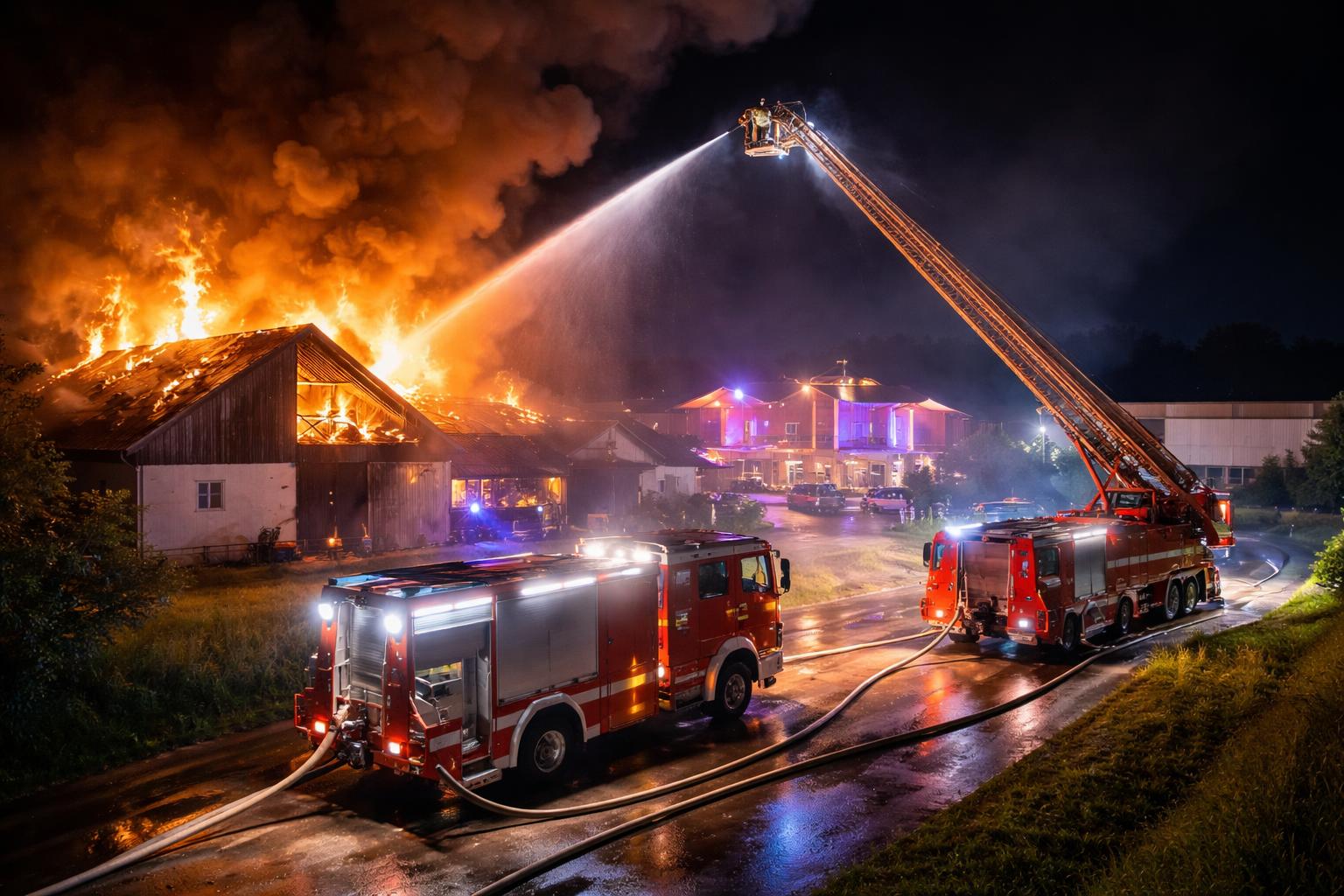 Redaktionelle Szene zum Thema „Großer Feuerwehreinsatz bei Stallbrand neben Nachtclub in Eitzing“