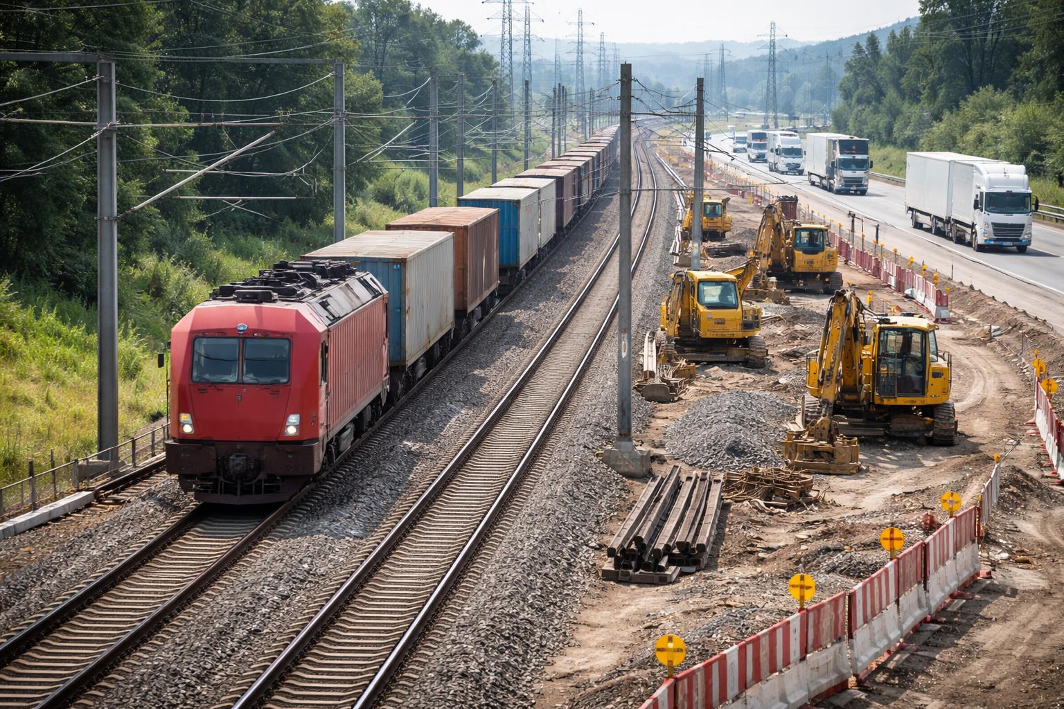 Redaktionelle Szene zum Thema „Güterzüge geraten unter Druck: Baustellen und Lkw-Konkurrenz kosten Marktanteile“