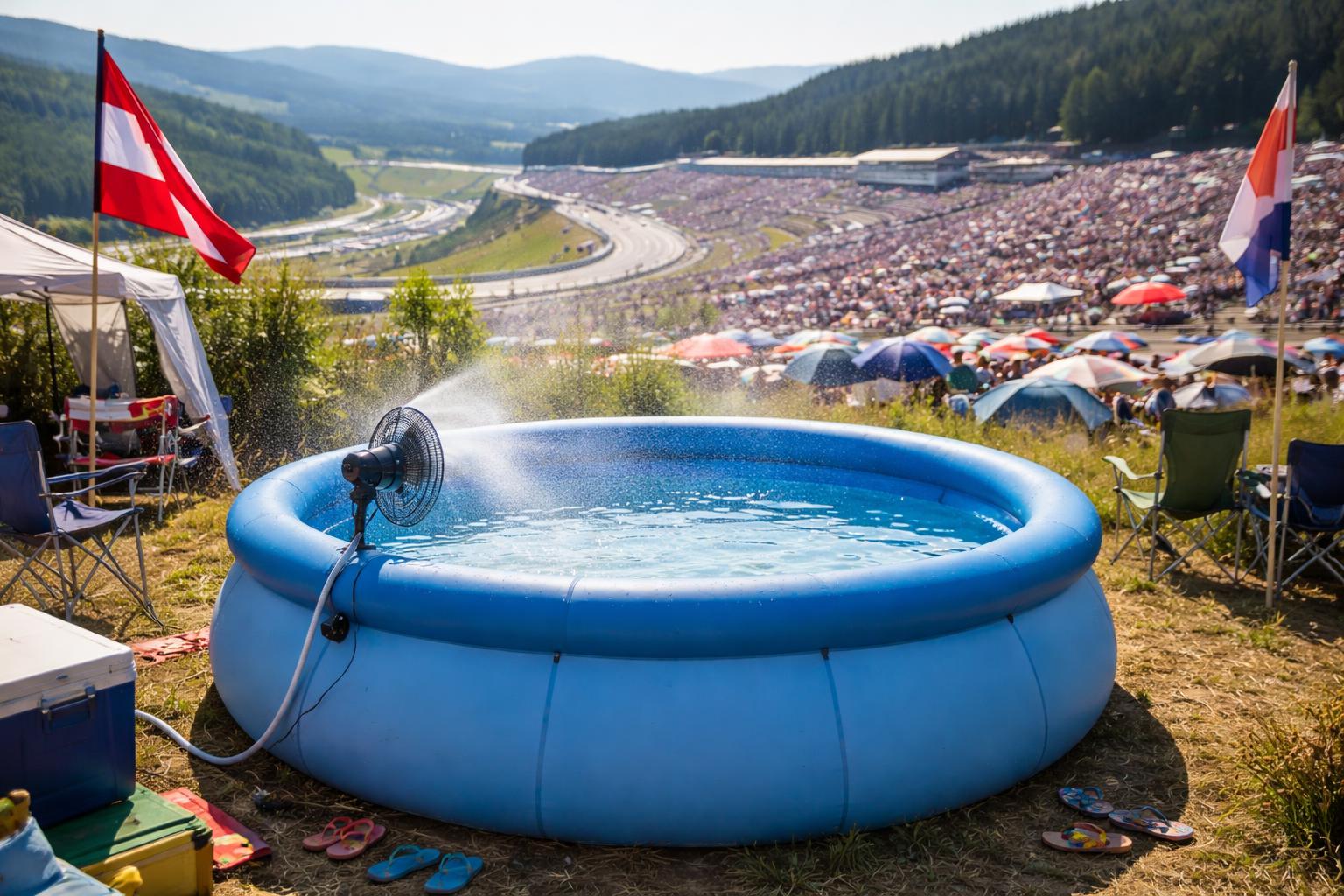 Redaktionelle Szene zum Thema „Hitze am Red Bull Ring: Fans aus Großkrut kühlen sich mit eigenem Pool ab“