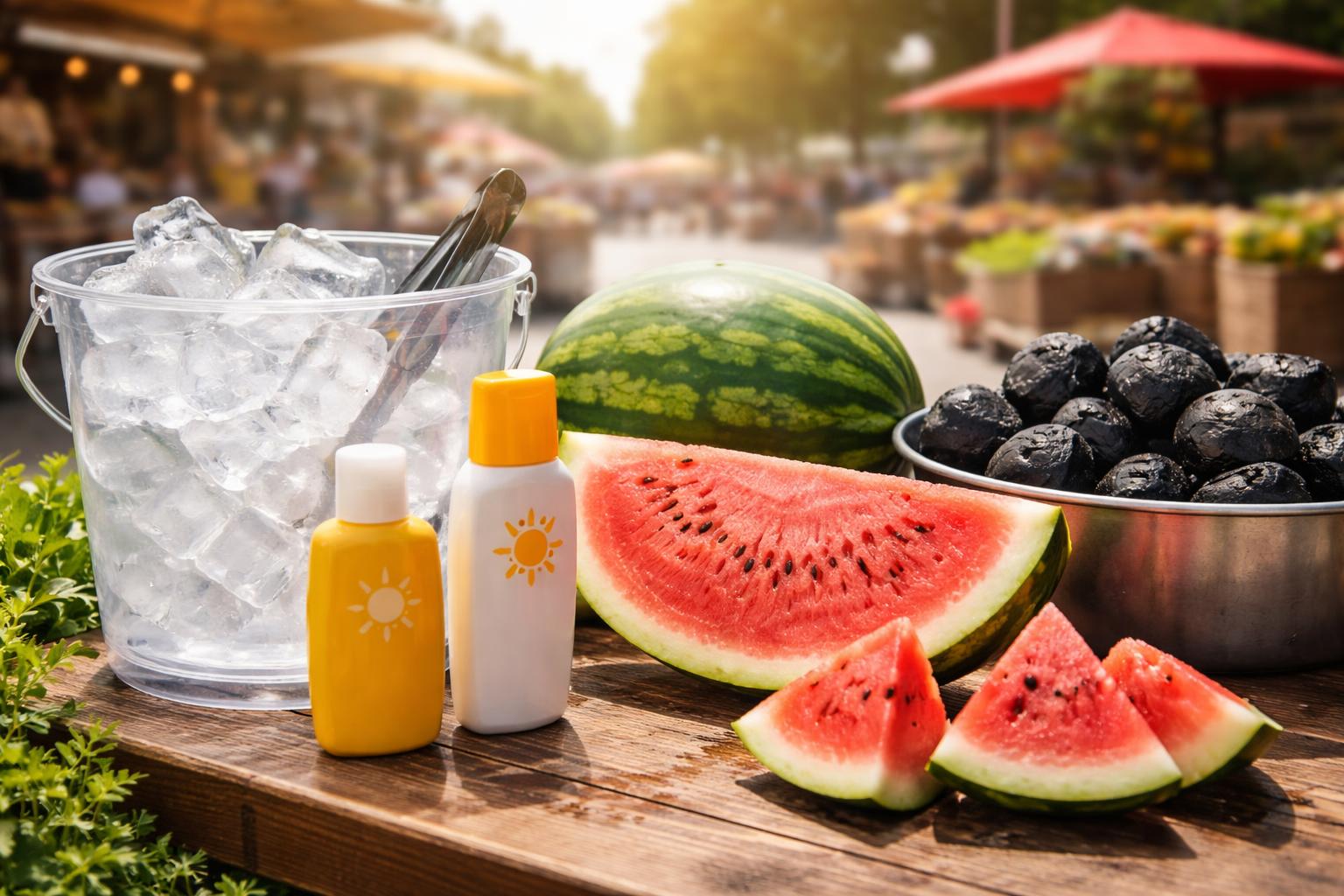 Redaktionelle Szene zum Thema „Hitze treibt Nachfrage nach Sonnencreme, Eiswürfeln und Wassermelonen in die Höhe“