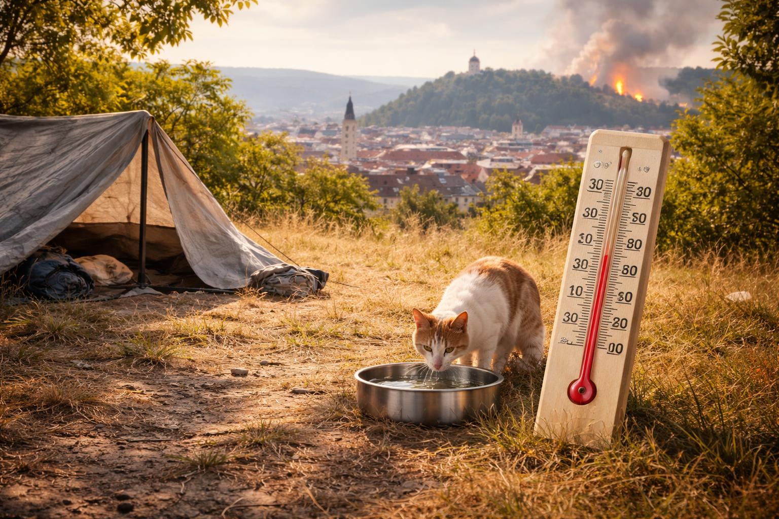 Redaktionelle Szene zum Thema „Hitzewelle in der Steiermark: Warnung für ältere Menschen, Wohnungslose und Tiere“