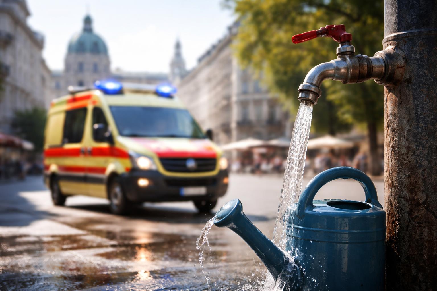 Redaktionelle Szene zum Thema „Hitzewelle lässt Rettungseinsätze in Wien steigen – Pöggstall prüft Nachtabschaltung beim Trinkwasser“