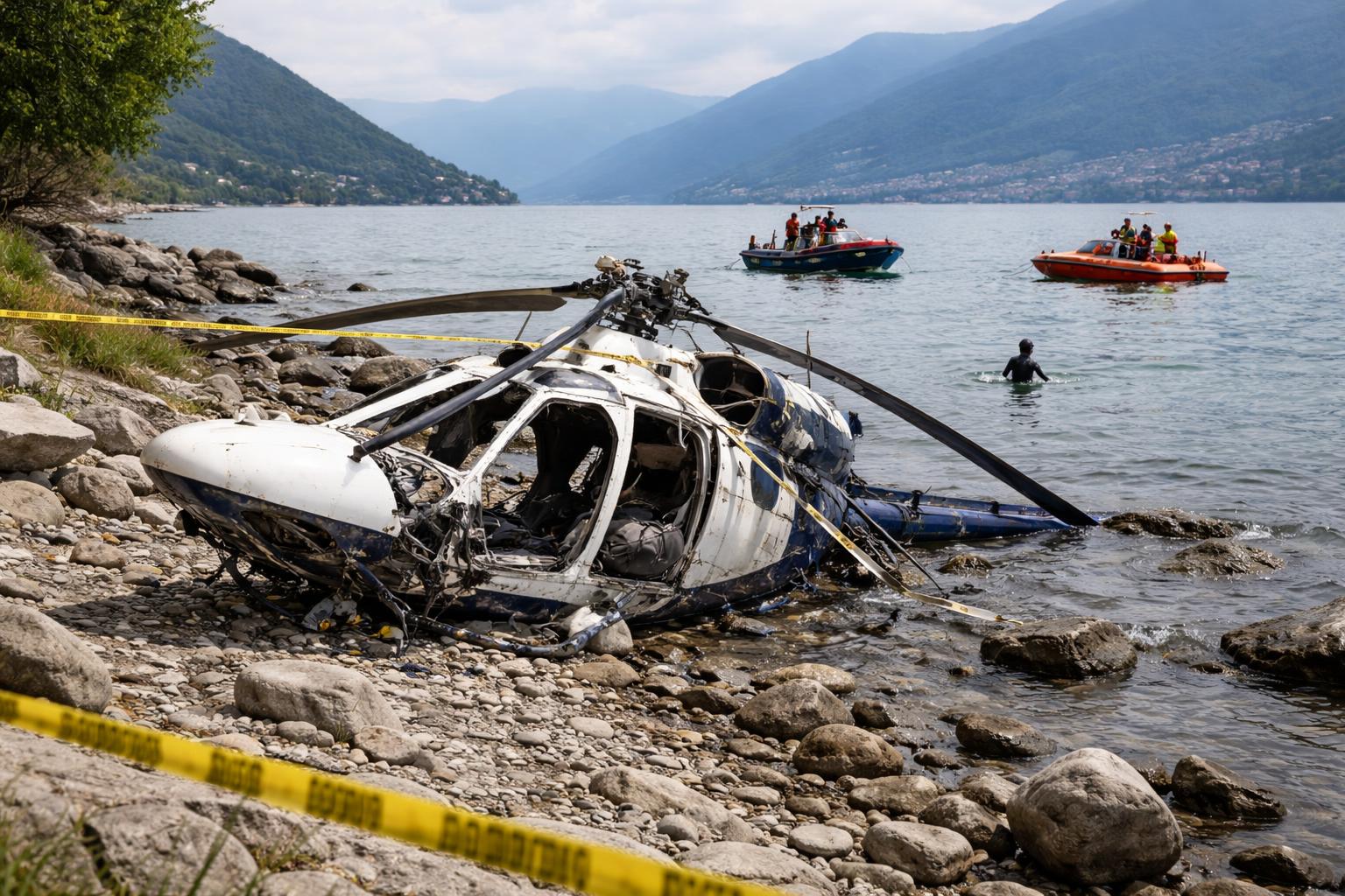 Redaktionelle Szene zum Thema „Hubschrauber stürzt am Lago Maggiore ab – ein Toter, drei Verletzte“