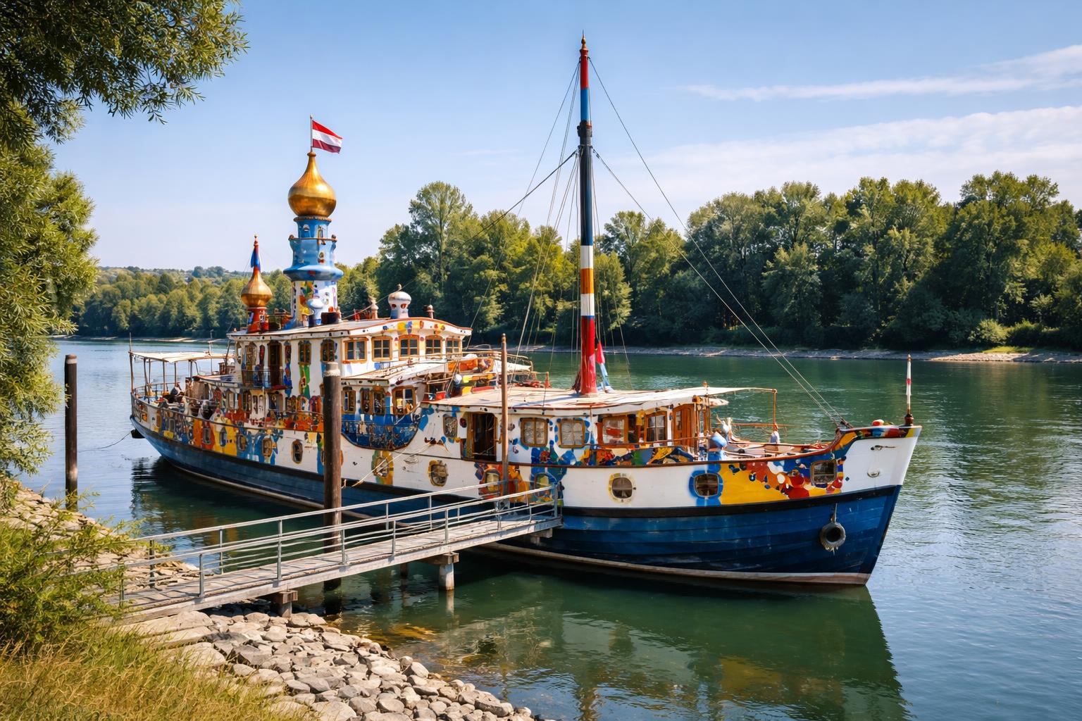 Redaktionelle Szene zum Thema „Hundertwasser-Schiff „Regentag“ in Tulln am 11. Juli wieder für Besucher geöffnet“
