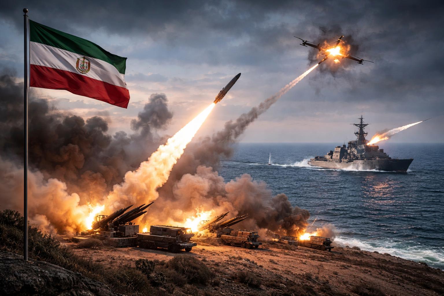 Redaktionelle Szene zum Thema „Iran und USA beschießen einander trotz Waffenruhe weiter“
