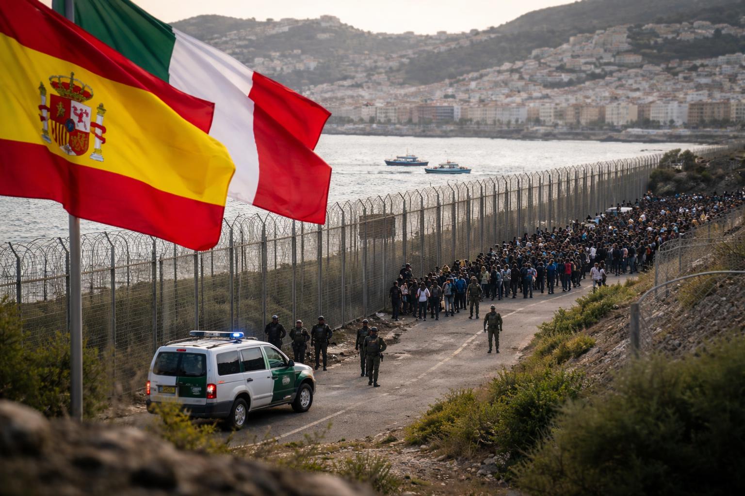Redaktionelle Szene zum Thema „Italien fordert Schengen-Ausschluss Spaniens nach Migrantenanstieg in Ceuta“