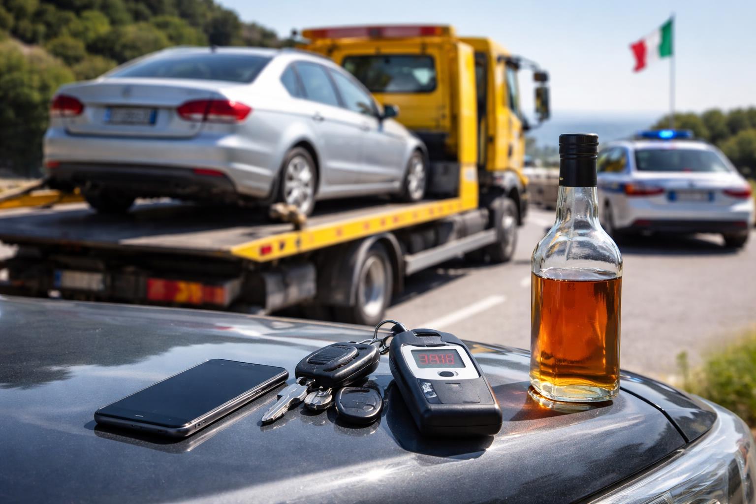 Redaktionelle Szene zum Thema „Italien verschärft Strafen für Handy am Steuer und Alkohol am Lenkrad“